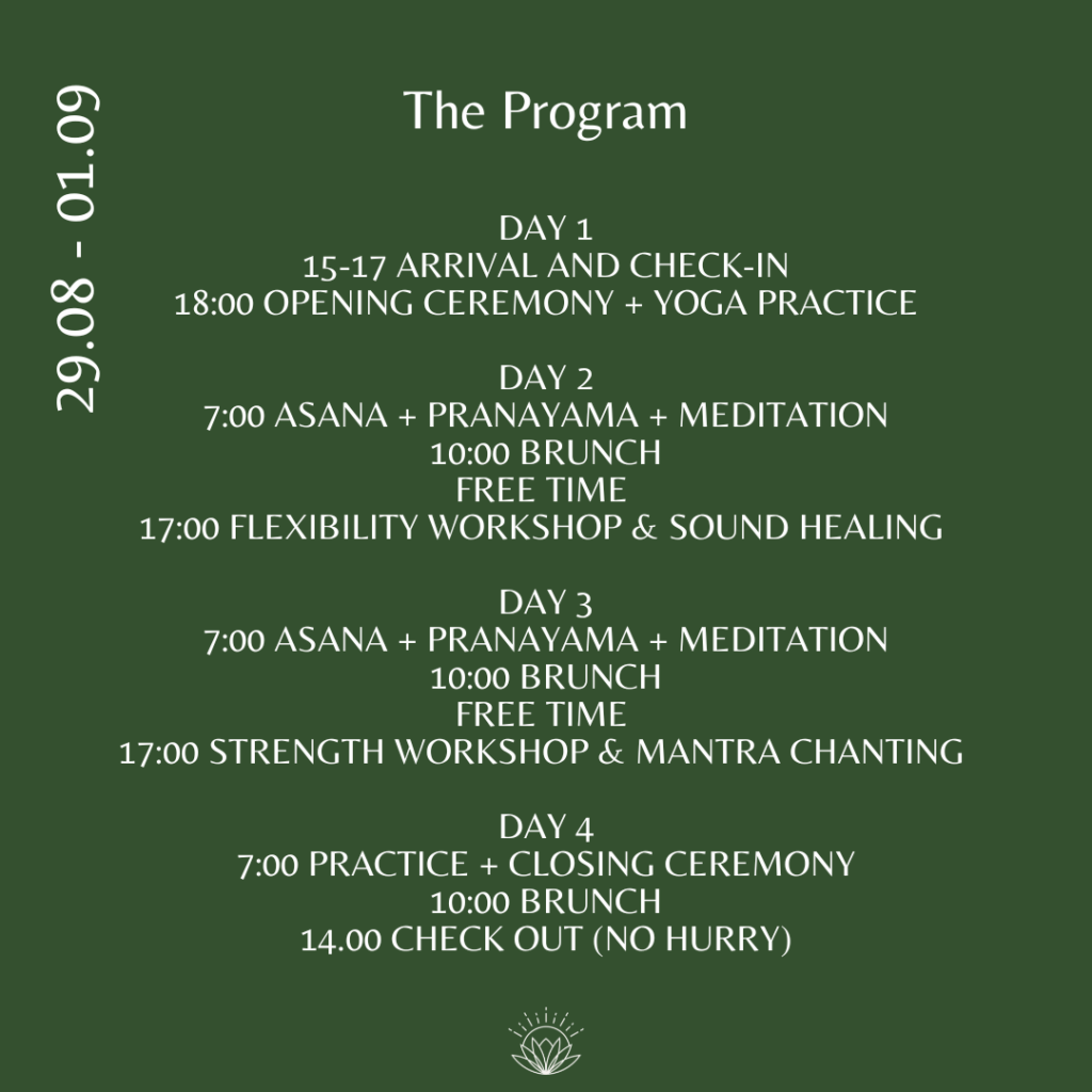 4 giorni di pace, condivisione e ricarica.
Yoga, Workshop, Meditazione, Sound Healing